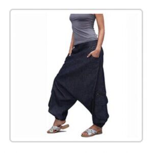 Funky Harem Rave Pants- Mid-Heavyweight Denim, 7 Pockets, Elastic Hem, Black, L